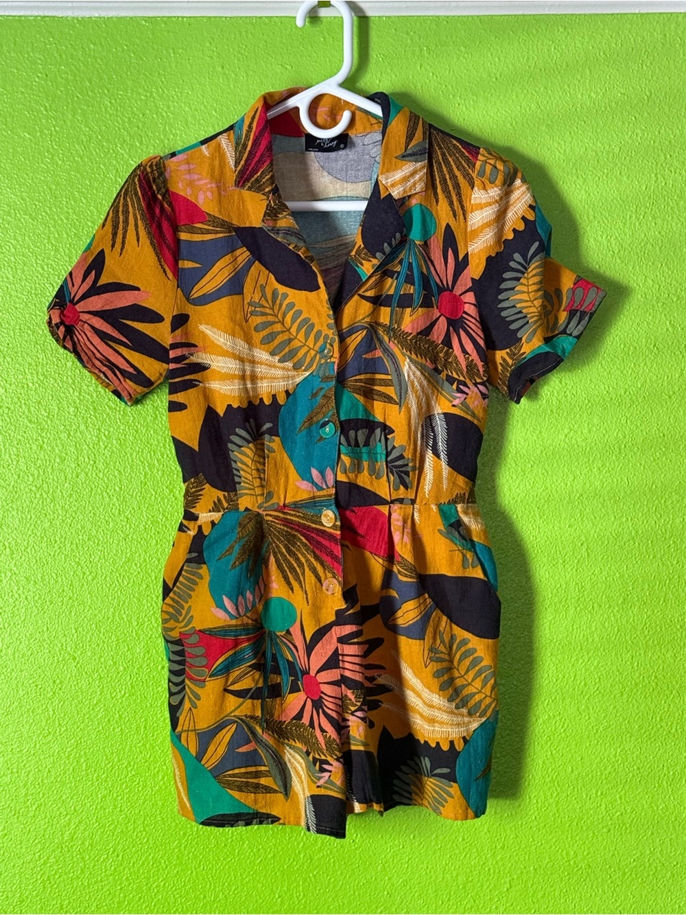 Mustard Tropical Print Short Sleeve Romper